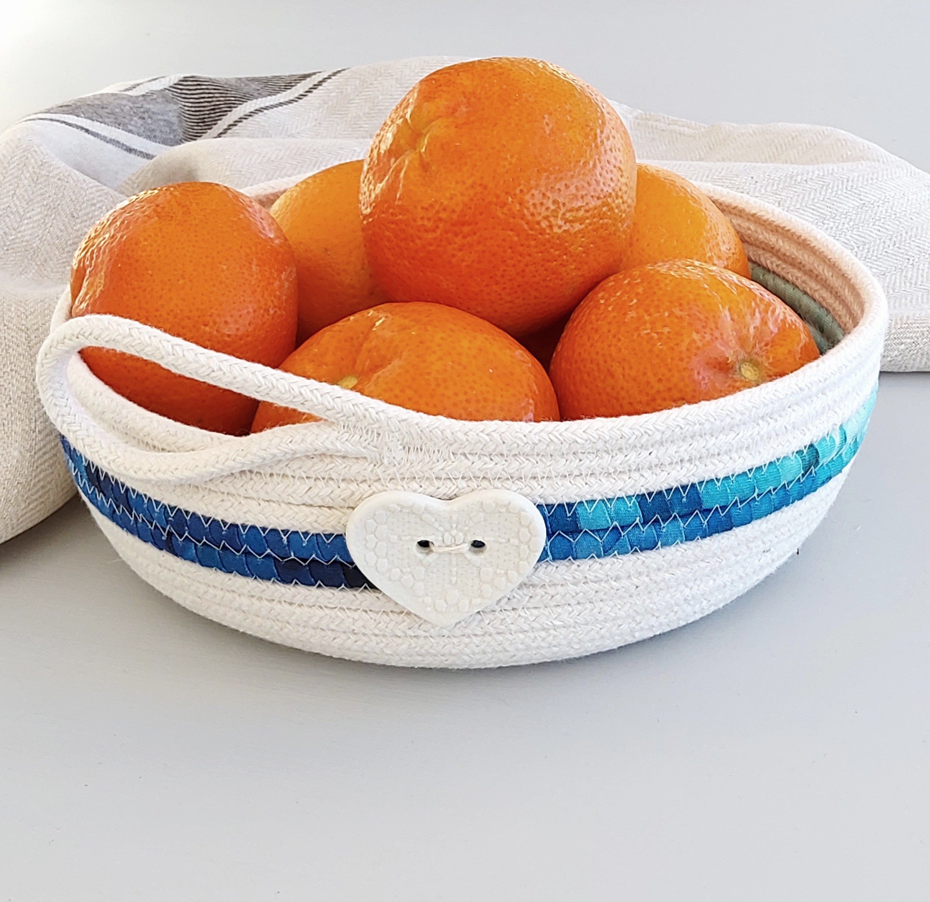 Cotton rope bowl with blue fabric trim by 2minty studio Small Market