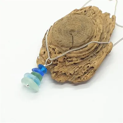 Aqua stacked sea glass pendant and chain