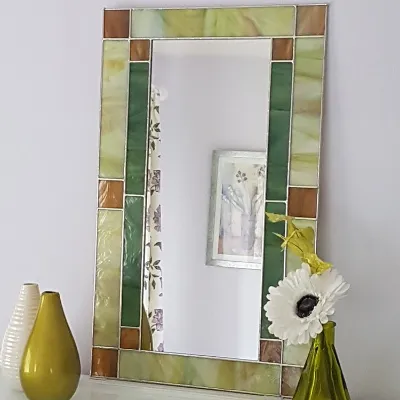 Art Deco Green/Brown Stained Glass Rectangular Mirror