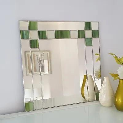 Art Deco Square Mirror-Green/Cream Stained Glass
