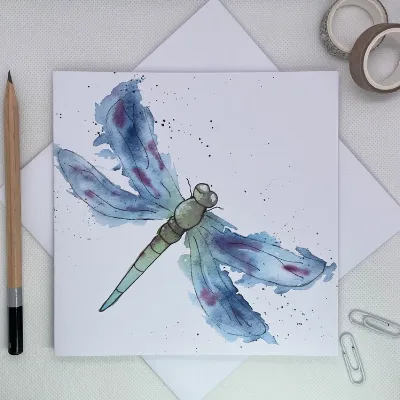 Blue Dragonfly greetings card watercolou 1