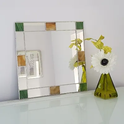 Green and amber Art Deco stained glass mirror