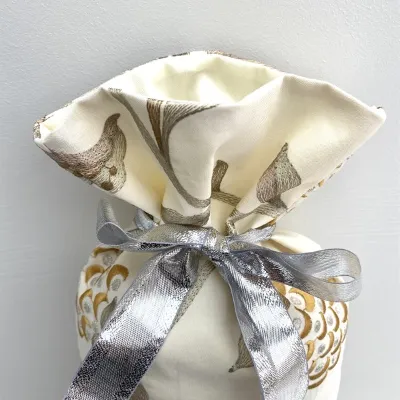 Cream Gift Bag - Gold Floral Embroidery lining and bow