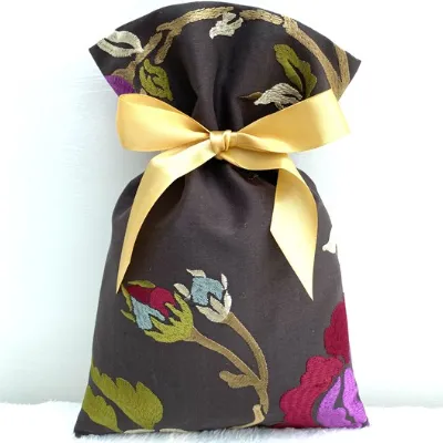 Embroidered Gift Bag Brown with Flowers  Front 1