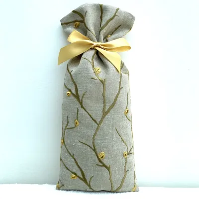 Embroidered Ochre Linen Gift Bag Front 1