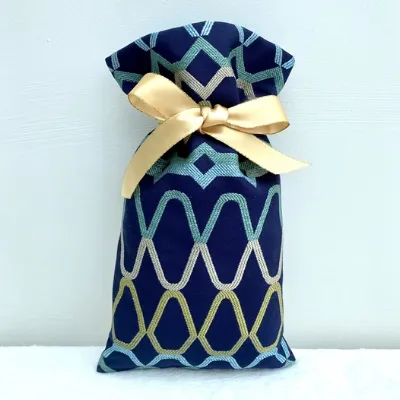 Fabric Gift Bag Blue Patterned Jacquard Front 2