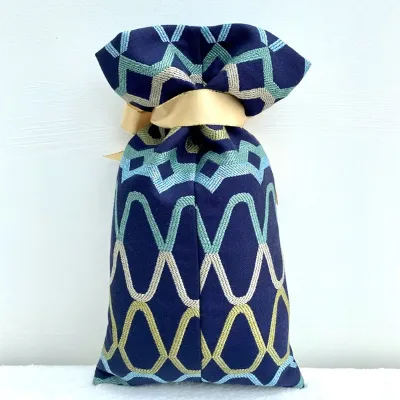Fabric Gift Bag Blue Patterned Jacquard Back 4