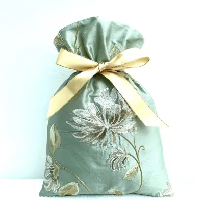 Gift Bag Embroidered Blue-Green Silk Front 1