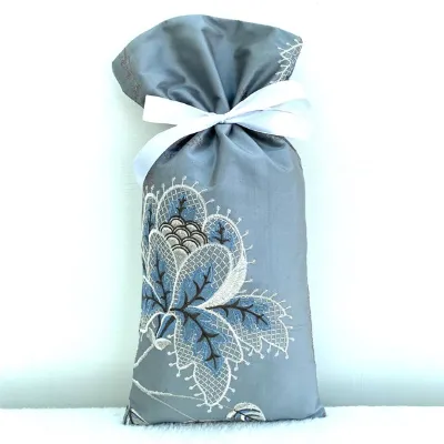 Gift Bag Embroidered Blue-grey Silk 1