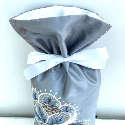 Gift Bag Embroidered Blue-grey Silk 2