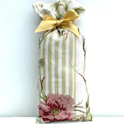 Gift Bag Embroidered Rose Striped Linen 2