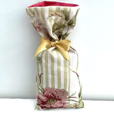 Gift Bag Embroidered Rose Striped Linen 4