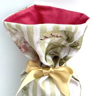 Gift Bag Embroidered Rose Striped Linen 6