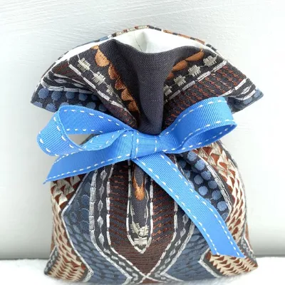 Gift Bag Linen with Patterned Embroidery Charcoal Ribbon and Lining 5