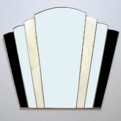 Art deco fan mirror with black and cream stained glass