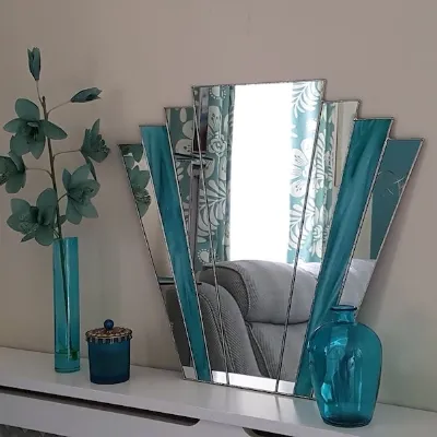 Hand Crafted 1930's vintage style fan mirror in teal stained glass