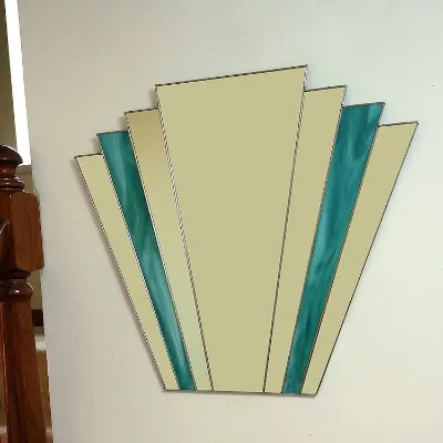 Hand crafted vintage style fan mirror in teal stained glass