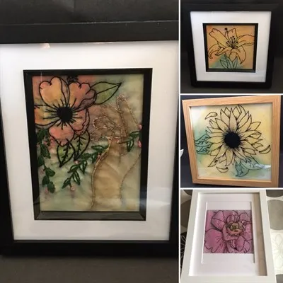 Large framed floral watercolour embroidery
