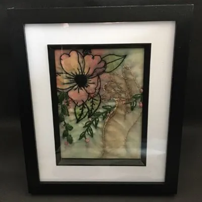 Large framed mayflower in hand watercolour embroidery