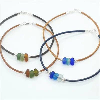 Leather & sea glass anklet