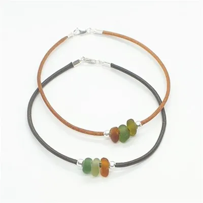 Leather & sea glass anklet