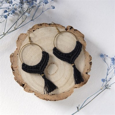 Macrame Hoop Earrings - Black N Brass by The Wood Spell