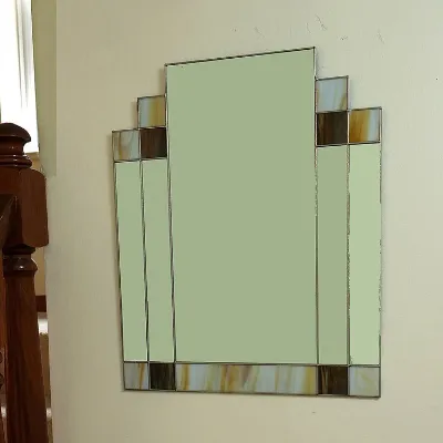 Rectangular Art Deco wall mirror in brown and amber stained glass