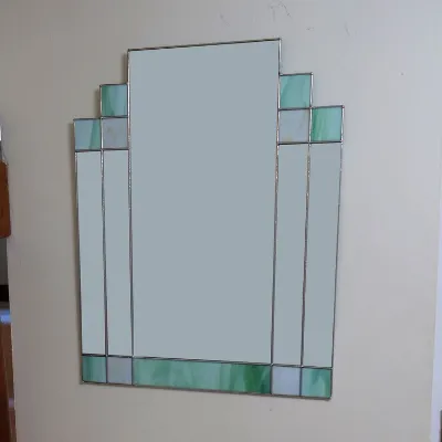 Rectangular Art Deco wall mirror in green and cream stained glass