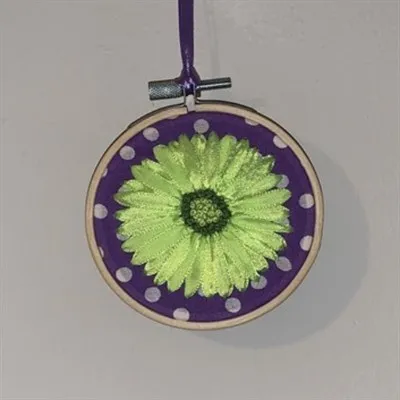 Ribbon Embroidery Gerbera on wooden hoop Lime Green Gerbera on Purple Cotton