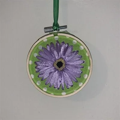 Ribbon Embroidery Gerbera on wooden hoop Violet Gerbera on Grass Green Cotton