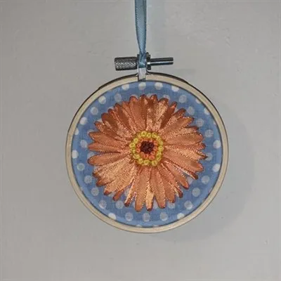 Ribbon Embroidery Gerbera on wooden hoop Orange Gerbera on Baby blue Cotton