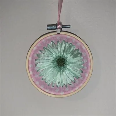 Ribbon Embroidery Gerbera on wooden hoop Mint  Green Gerbera on Baby pink Cotton