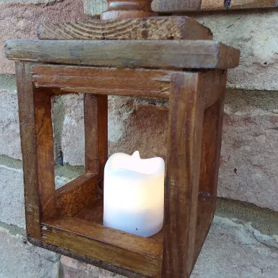 Rustic shelf with handmade lantern and b 6