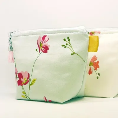 Satin and Silk Makeup Bag, Embroidered C 1