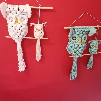 Set of 1 adult and 1 baby Macramé Owls w 1