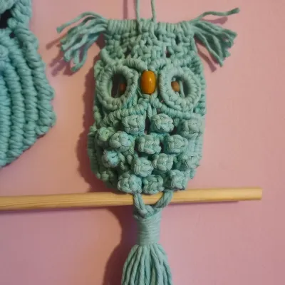 Set of 1 adult and 1 baby Macramé Owls w 5