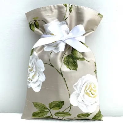Silk Gift Bag with White Printed Roses Front 3