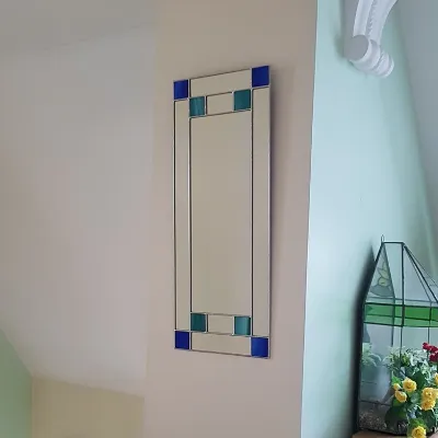 Small Art Deco Rectangular Mirror - Teal/Blue Srtained glass