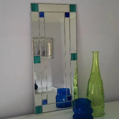 Small Art Deco Mirror  with Teal and Blue Stained Glass