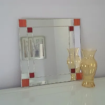 Small Square Art Deco Mirror - Orange and red Stained Glass