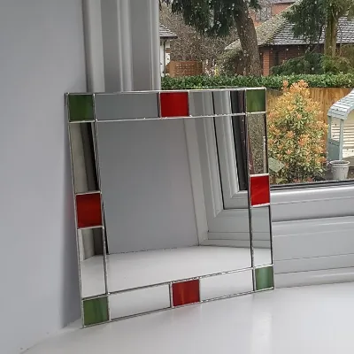 Small square Art Deco Mirror with red and green stained glass
