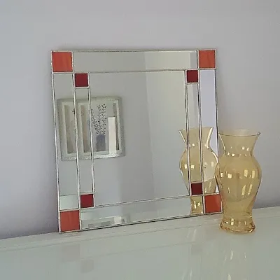 Art Deco Square Mirror - Orange/Red Stained Glass