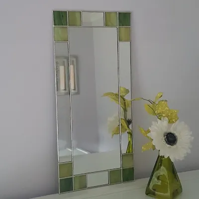 Small Art Deco Rectangular Mirror with Green Stained Glass