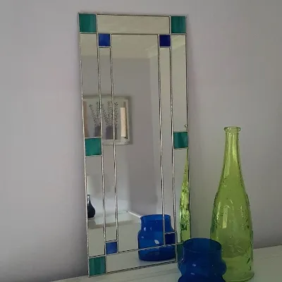 Small Art Deco Rctangular Mirror with Teal and Blue Stained glass