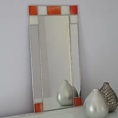 Small Art Deco Stained Glass Mirror with orange and cream stained glass