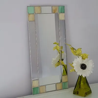 Small Art Deco stained glass mirror  with green and cream stained glass