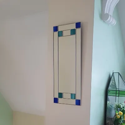 Small Art Deco Rectangular Mirror in teal/Blue Stained Glass