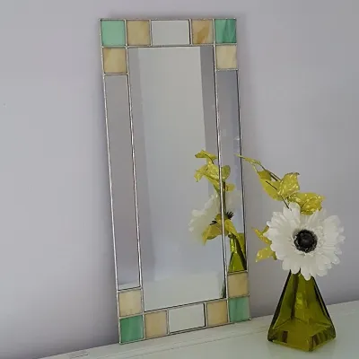 Small Art Deco wall mirror  in green and cream stained glass
