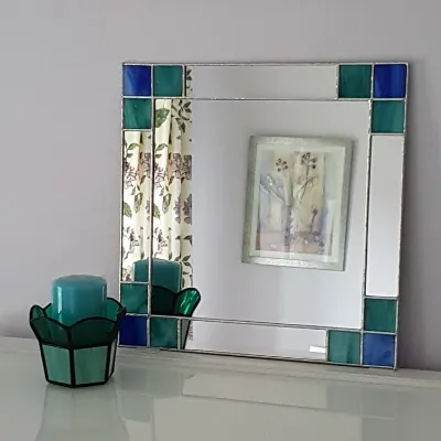 Small Art Deco square wall mirror with teal and blue stained glass