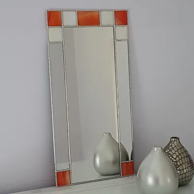 Small Art Deco Wall Mirror with orange and cream stained glass